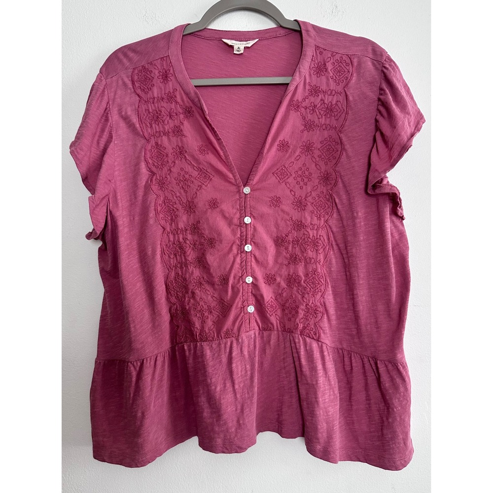 Lucky Brand WMS XL Pink Embroidered Peplum Top Cotton Flutter Sleeve Boho Earthy